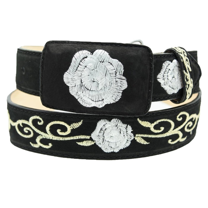 Cinto Vaquero para Mujer de Cuero Original Color Negro con Rosas Blancas WD
