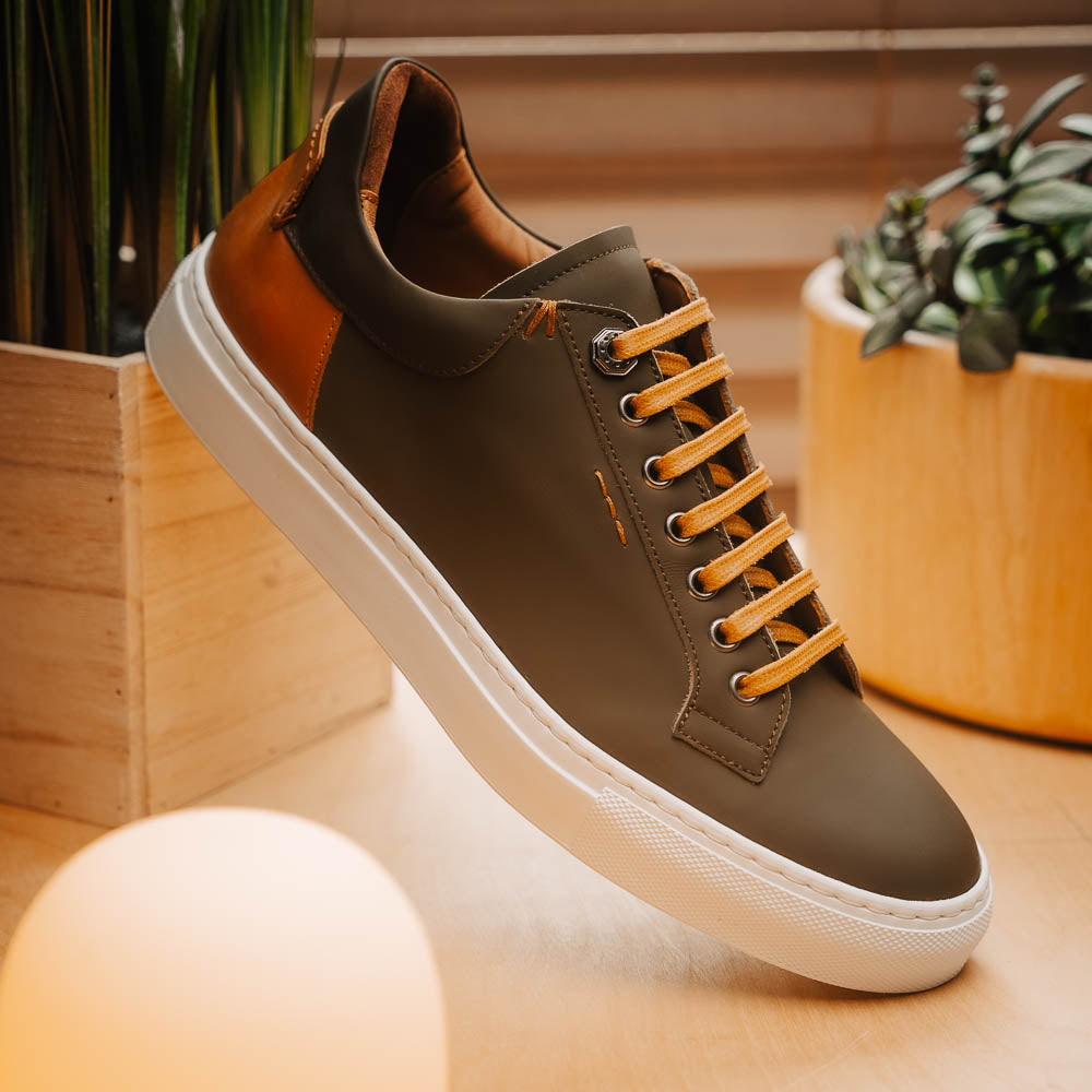 Zelli Diaz Rubberized Calfskin Sneaker in Olive Green