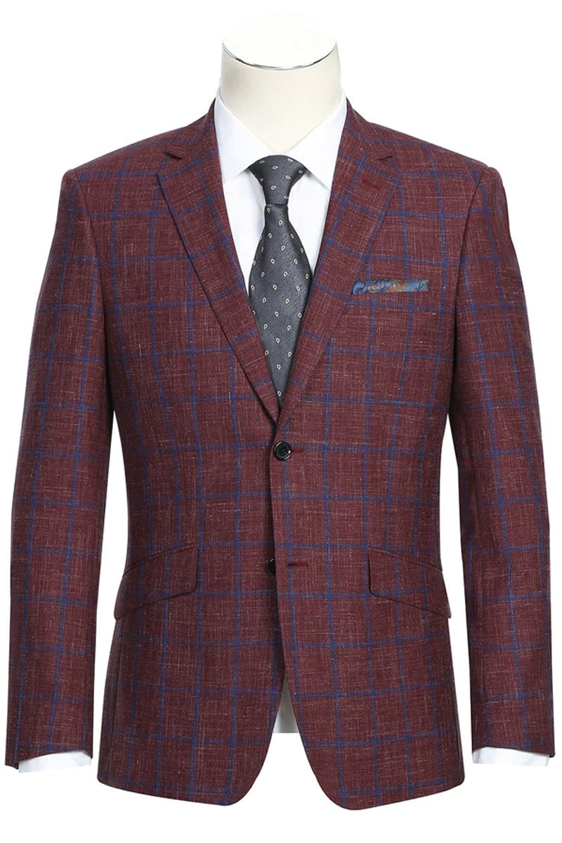 Western Sport Coat - Western Blazer Mens Slim Fit Two Button Wool Sport Coat Blazer in Burgundy and Blue Windowpane Plaid