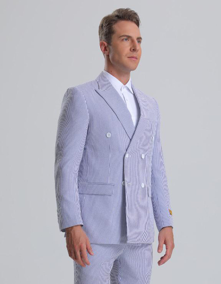 Traje de verano cruzado de seersucker para hombre con raya diplomática azul