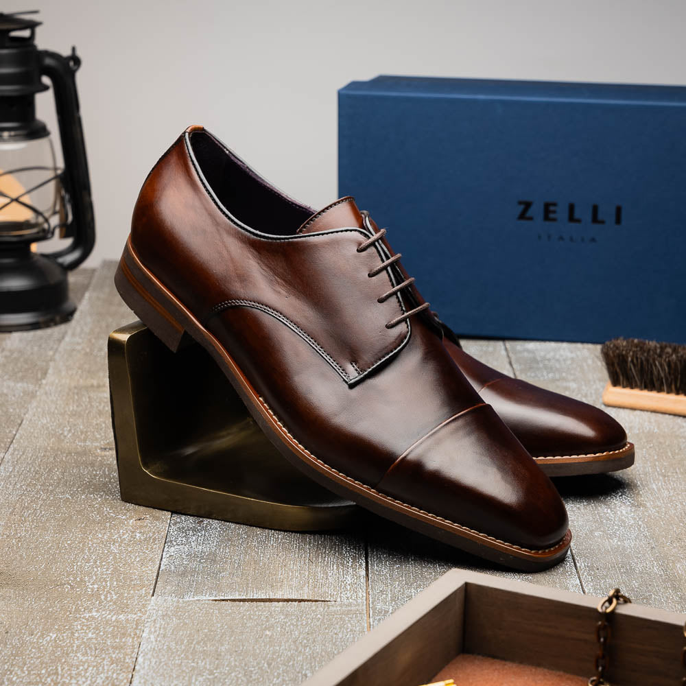 Zelli Enzo Classic Cap Toe Dress Shoes in Chestnut Calfskin Leather