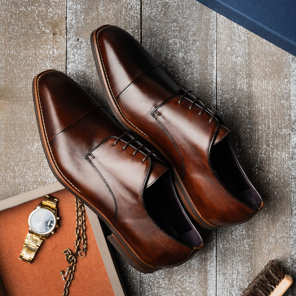 Zelli Enzo Classic Cap Toe Dress Shoes in Chestnut Calfskin Leather