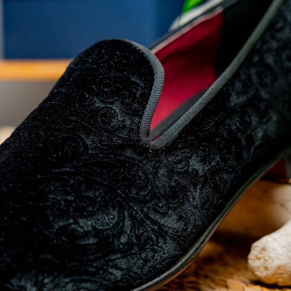 Zelli Formal II Black Velvet Loafer with Hand-Stitched Crocodile Vamp