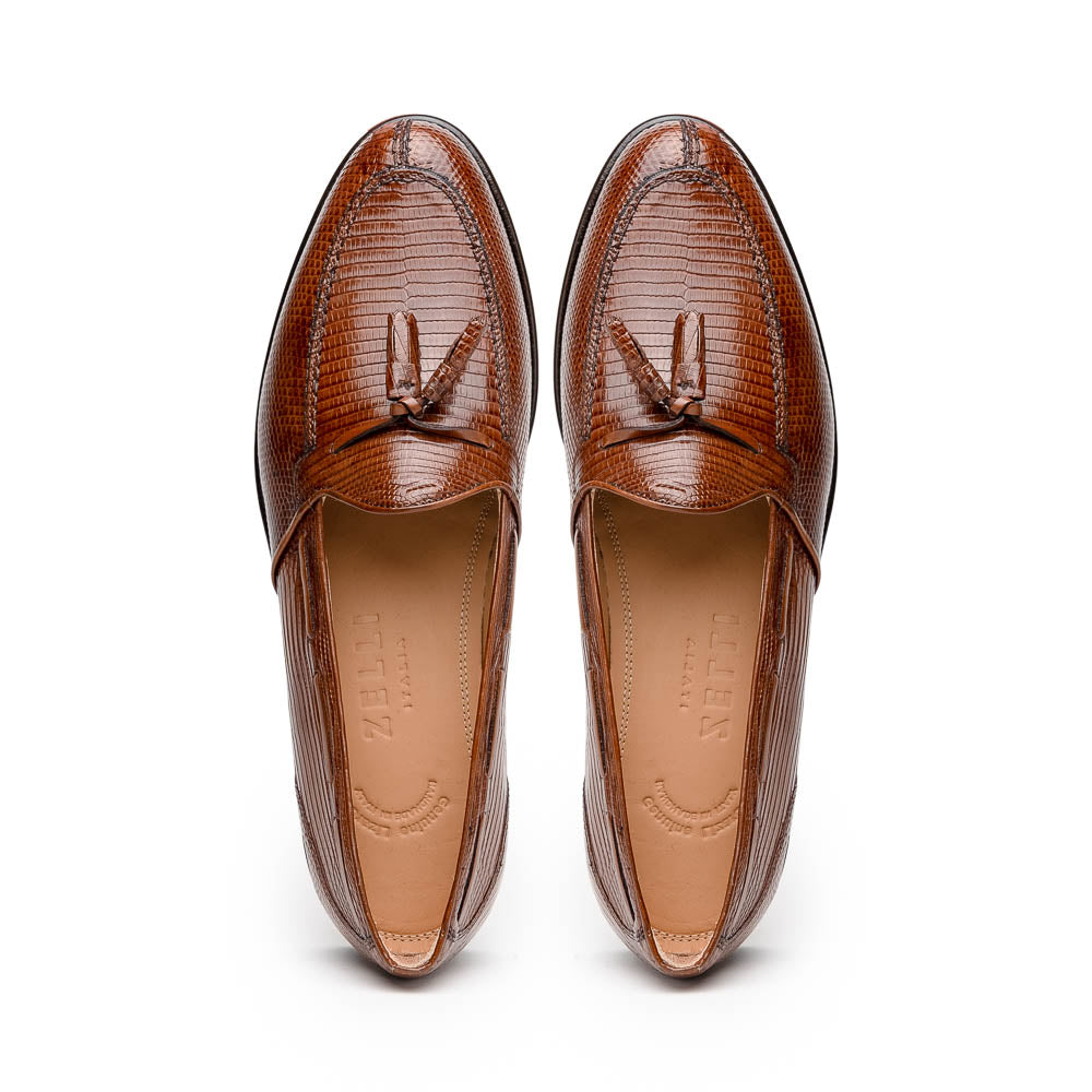 Zelli Franco Cognac Lizard Tassel Loafer with Classic Apron Toe