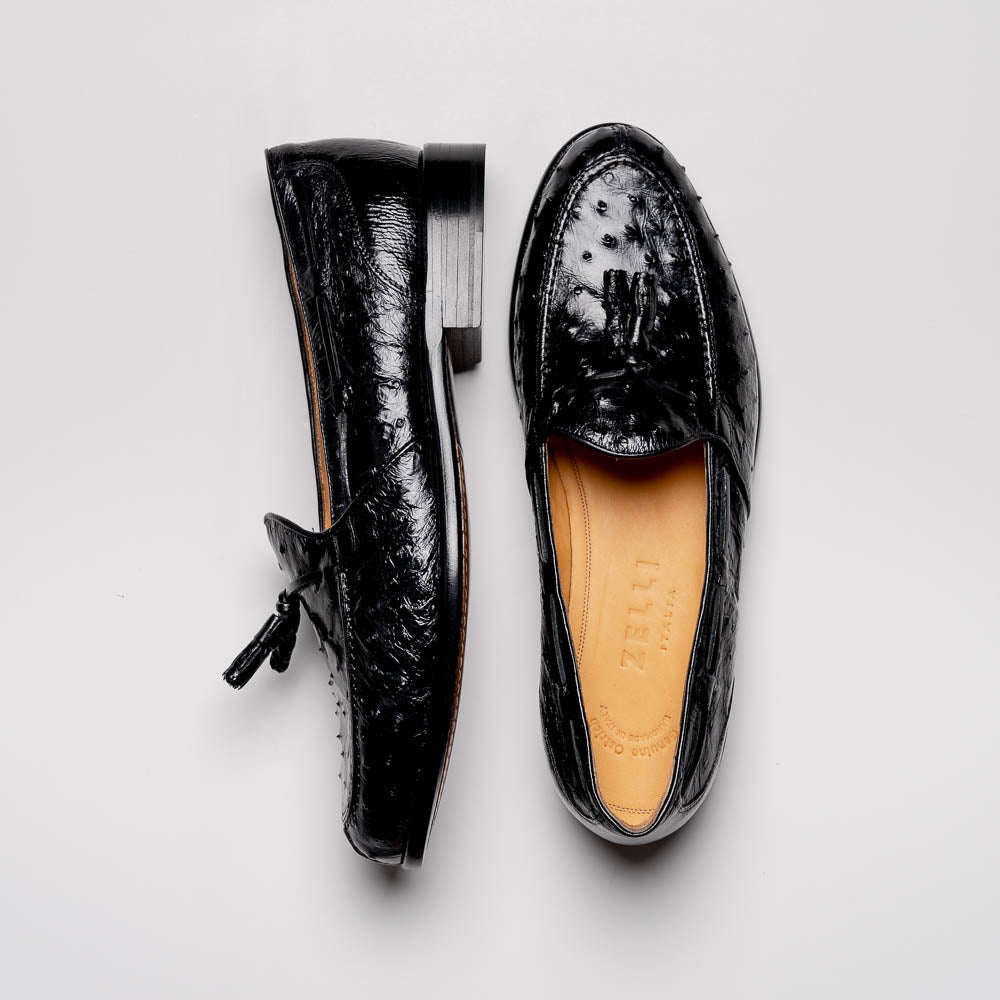 Zelli Franco Genuine Ostrich Quill Tassel Loafers in Black