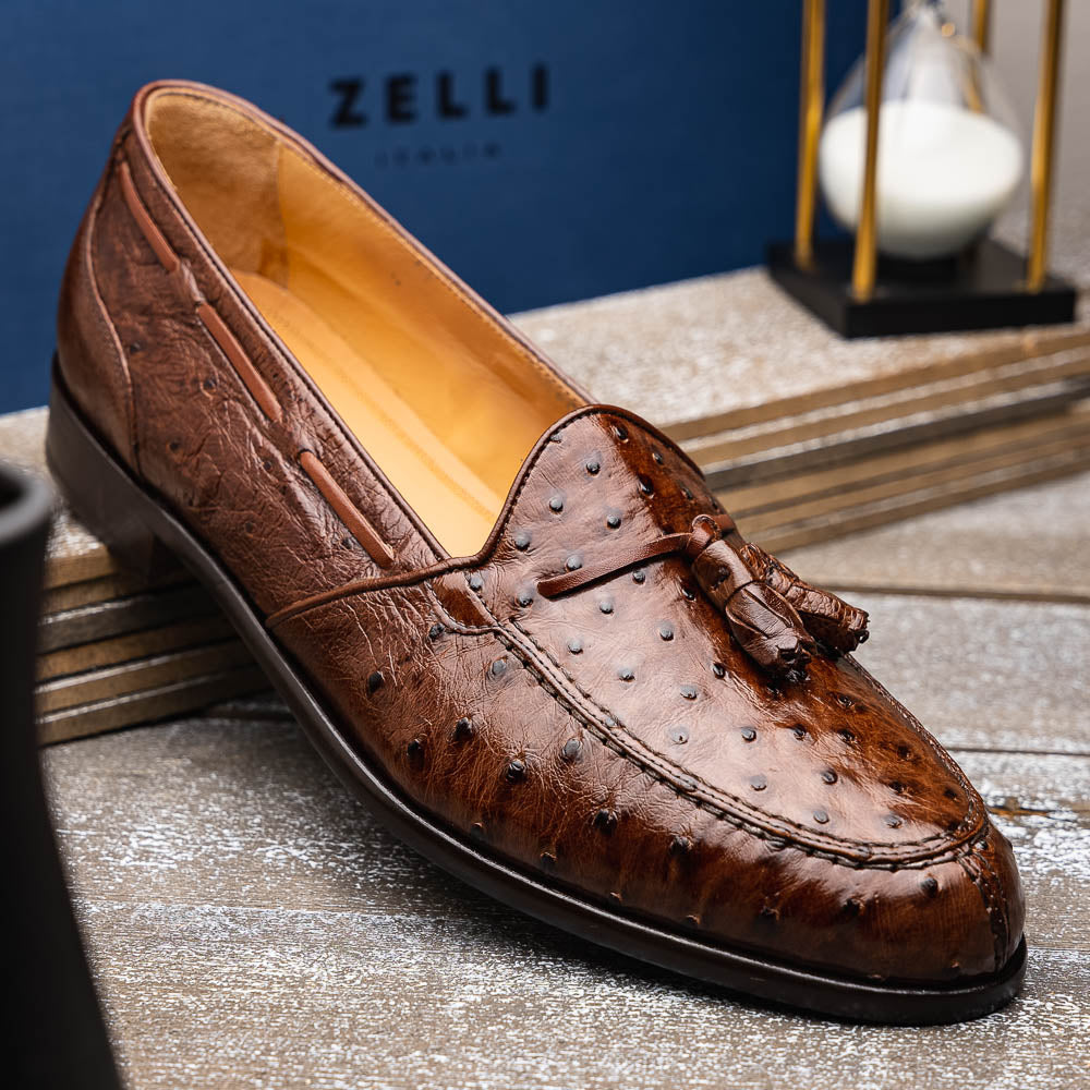 Zelli Franco Classic Ostrich Quill Tassel Loafers in Brown