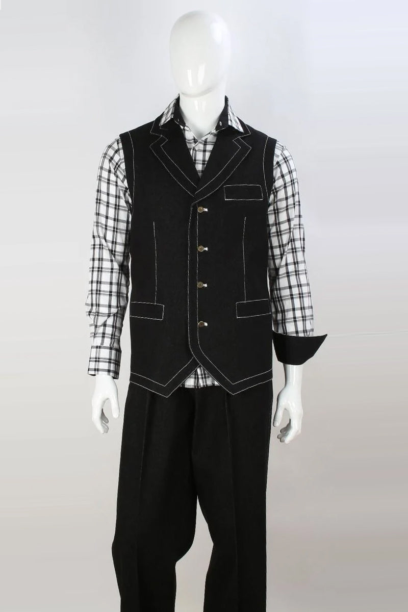 Apollo King Black Denim Double-Breasted Vest & Pant Set