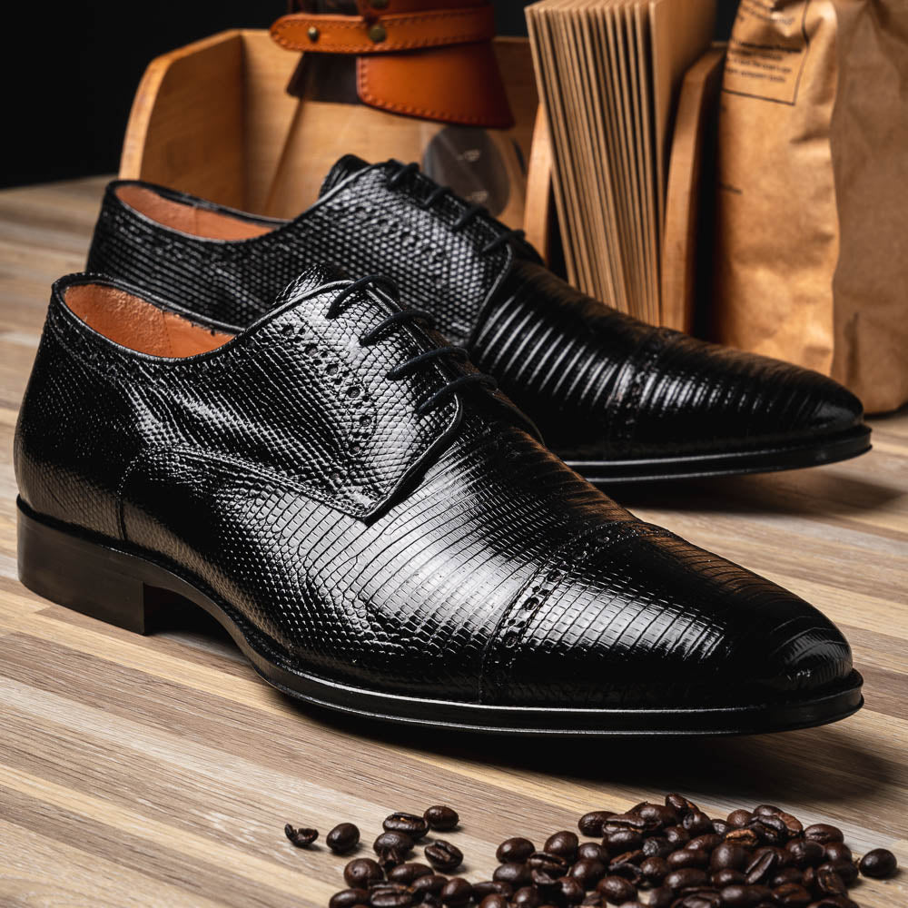 Zelli Giovanni Genuine Lizard Cap Toe Brogue Dress Shoes in Black