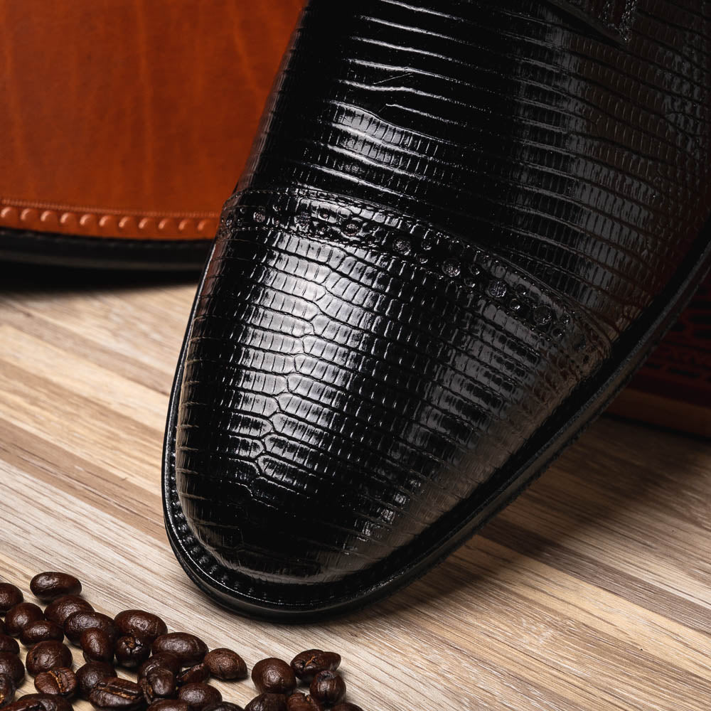 Zelli Giovanni Genuine Lizard Cap Toe Brogue Dress Shoes in Black