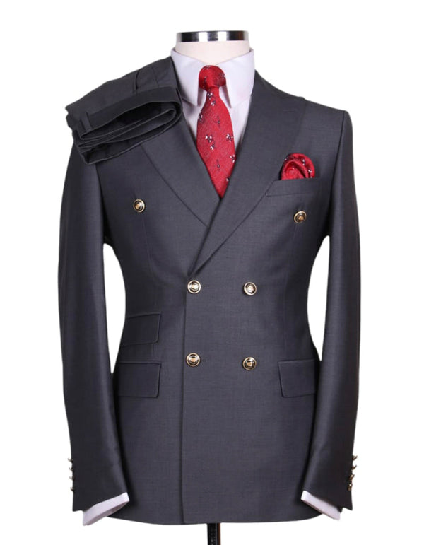Mens Designer Suits - Mens Designer Modern Fit Double Breasted Wool Suit with Gold Buttons in Charcoal