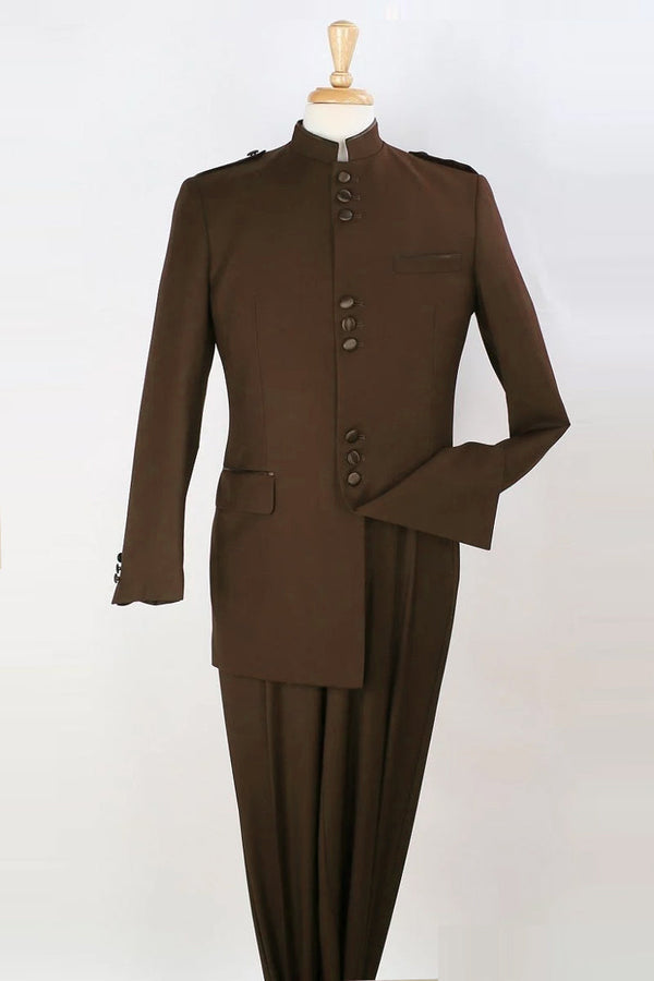 Trajes marrones para hombres - Apollo King "Mens Classic Brown Safari Suit - Military Banded Collar Mandarin Style"