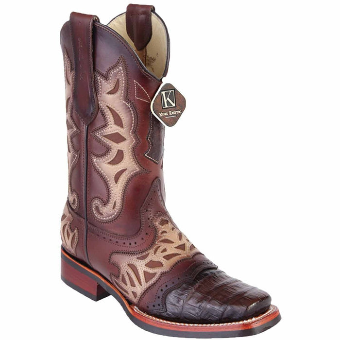 King Exotic Men's Caiman Belly Square Toe Boots with Saddle - Brown