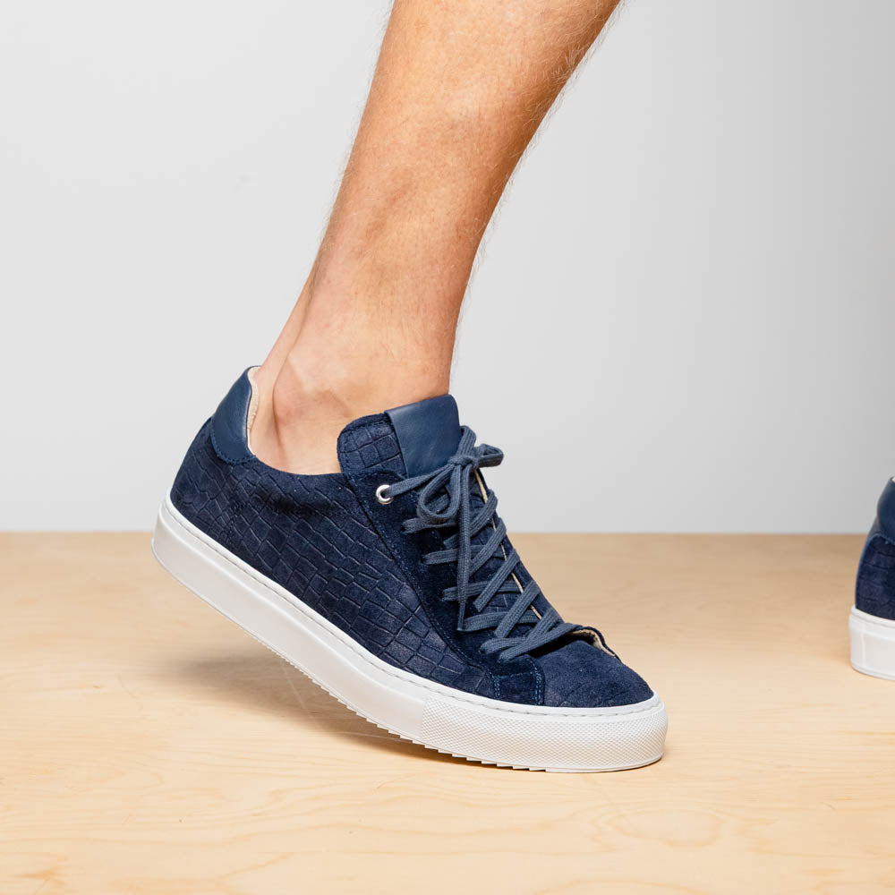 Zelli Kobe Luxury Sneaker in Navy Crocodile-Embossed Suede