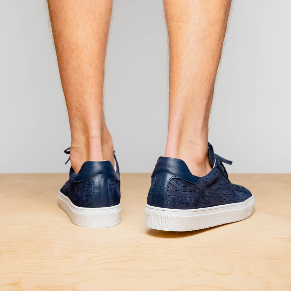 Zelli Kobe Luxury Sneaker in Navy Crocodile-Embossed Suede