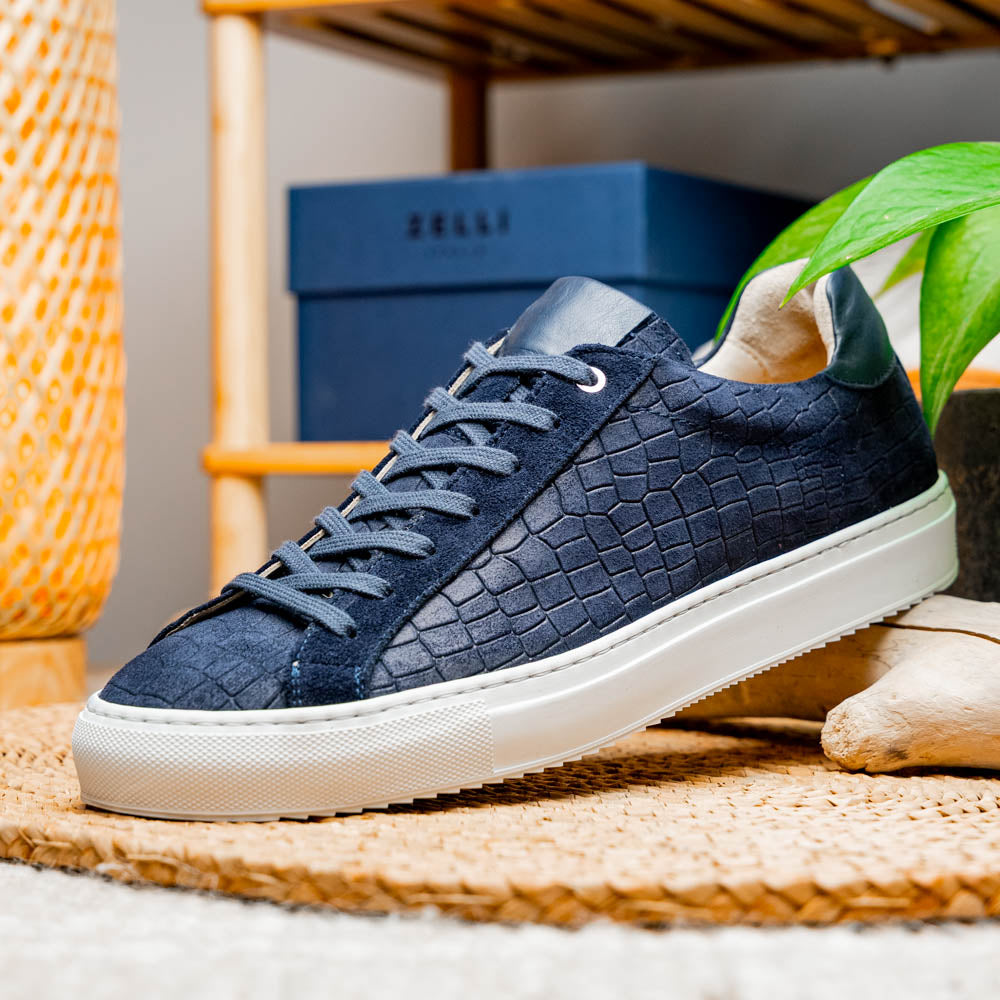 Zelli Kobe Luxury Sneaker in Navy Crocodile-Embossed Suede