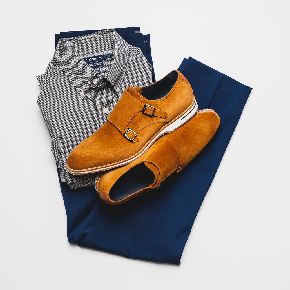 Zelli Legerra Contemporary Suede Monk Strap Dress Shoes in Cognac