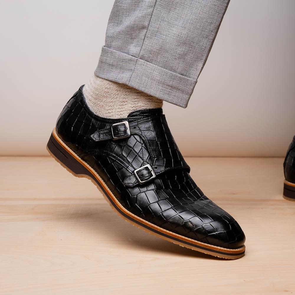 Zelli Legerra Hand Burnished Crocodile Print Monk Strap in Black
