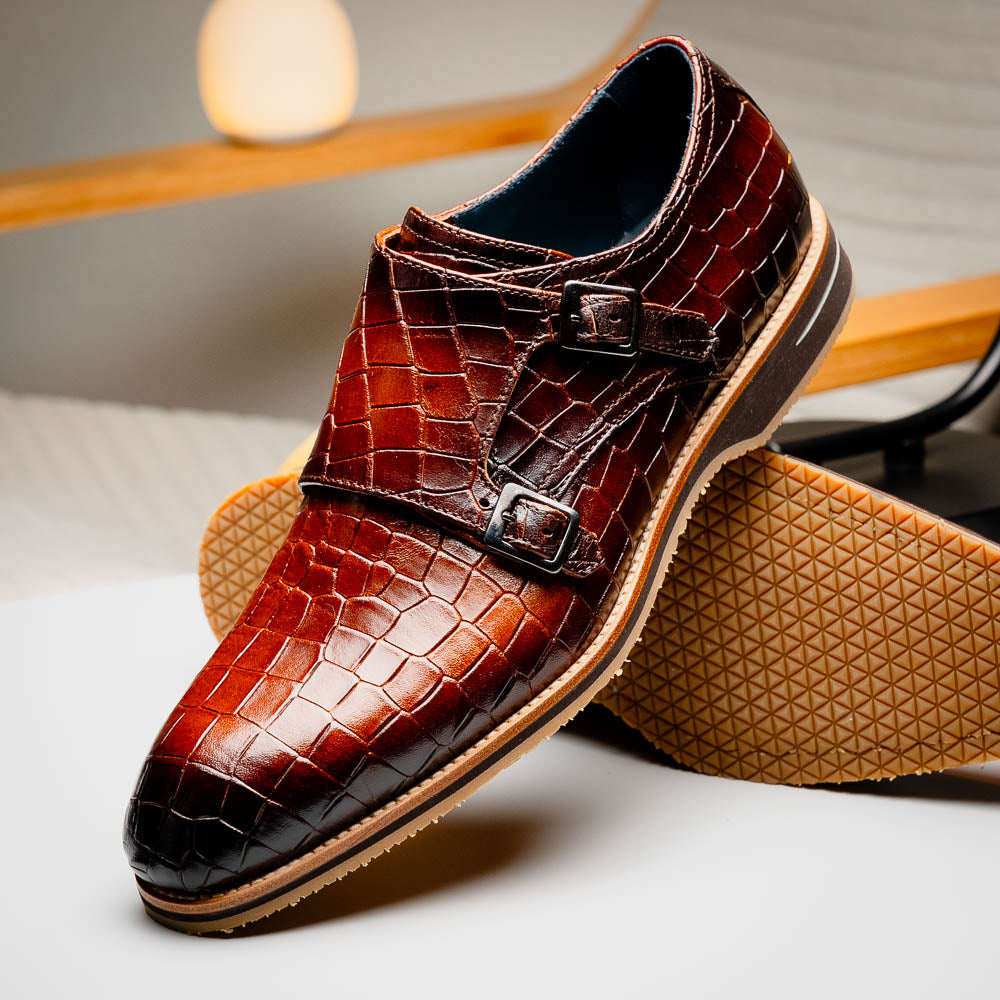 Zelli Legerra Hand-Burnished Crocodile Print Monk Strap in Cognac