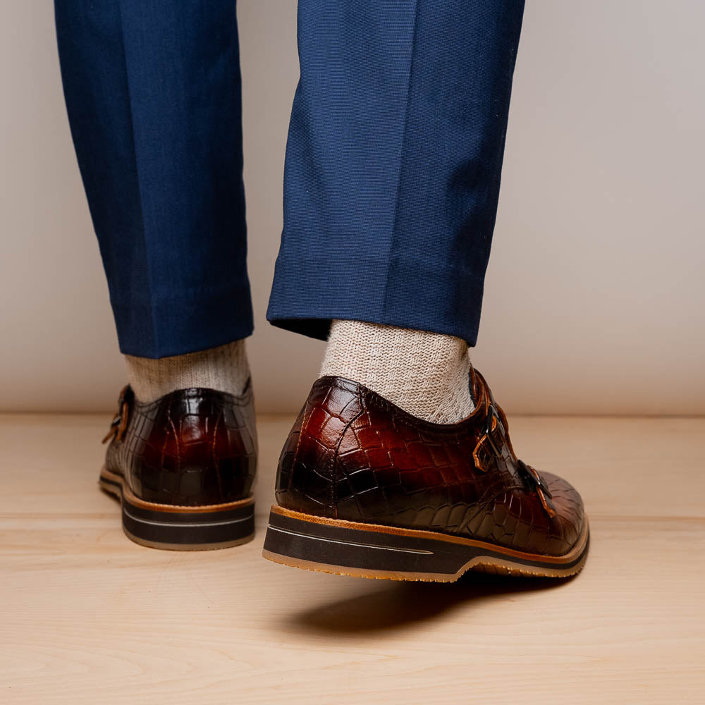 Zelli Legerra Hand-Burnished Crocodile Print Monk Strap in Cognac