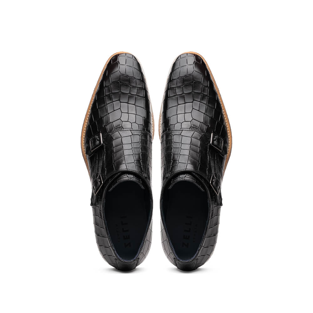 Zelli Legerra Hand Burnished Crocodile Print Monk Strap in Black