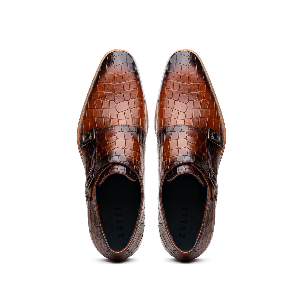 Zelli Legerra Hand-Burnished Crocodile Print Monk Strap in Cognac