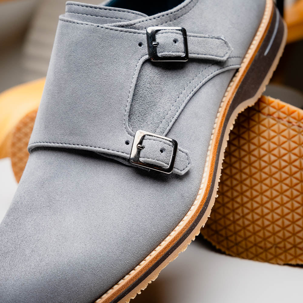 Zelli Legerra Contemporary Goat Suede Monk Strap Shoes in Grey