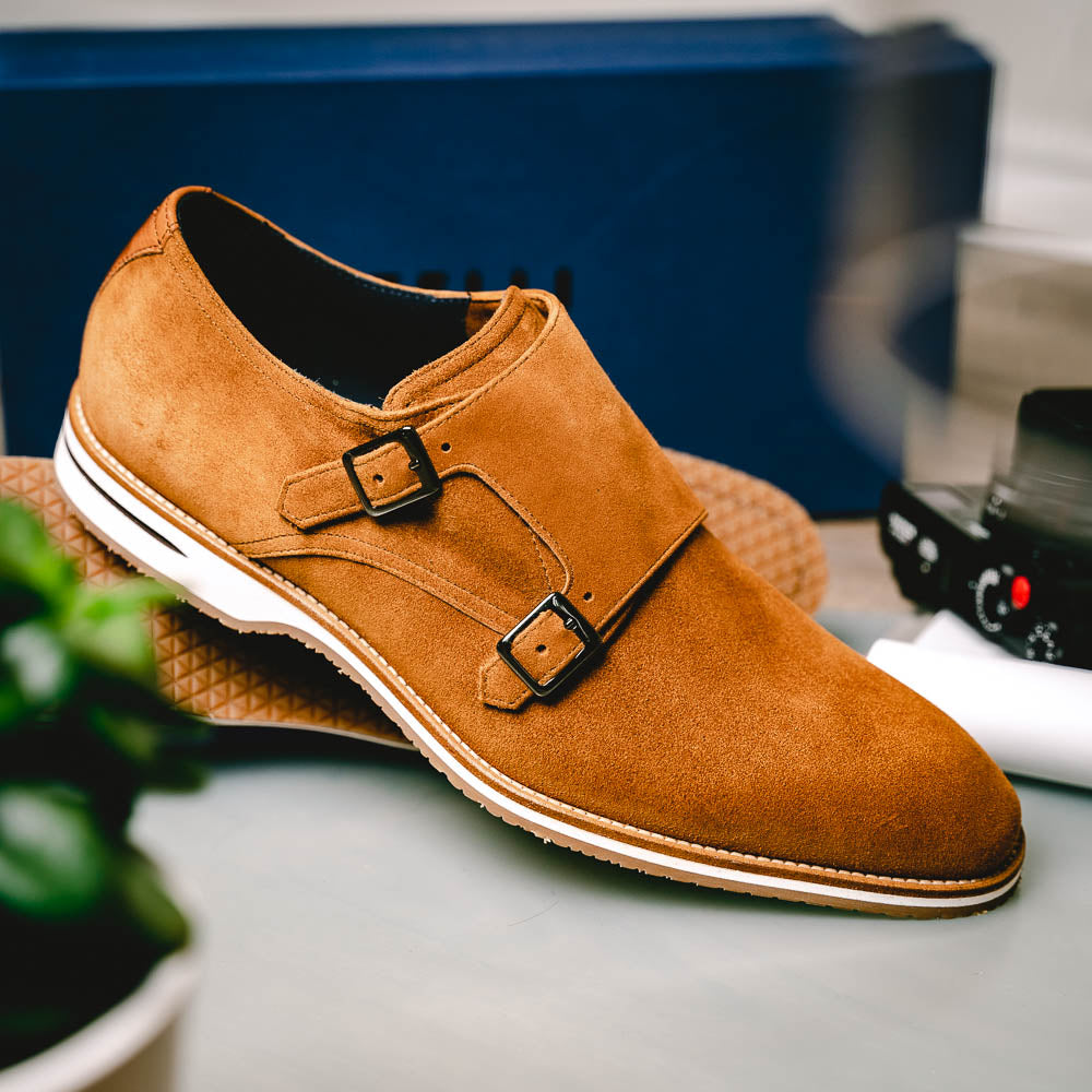 Zelli Legerra Contemporary Suede Monk Strap Dress Shoes in Cognac
