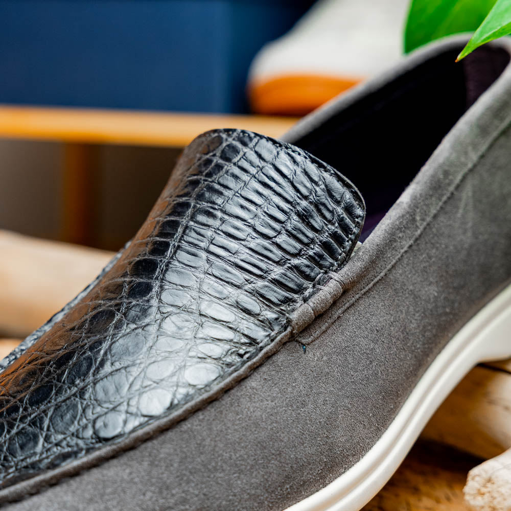 Zelli Bene Sueded Goatskin and Crocodile Loafer in Grey