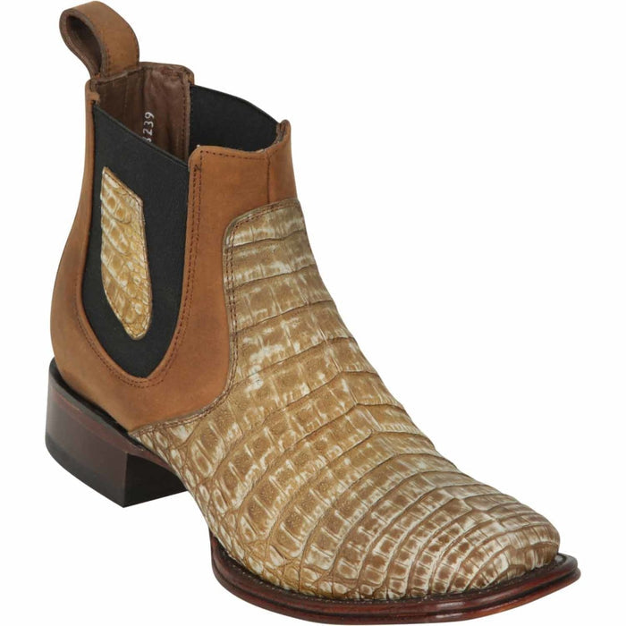 Los Altos Men's Wide Square Toe Caiman Belly Short Boots - Sahara Stone