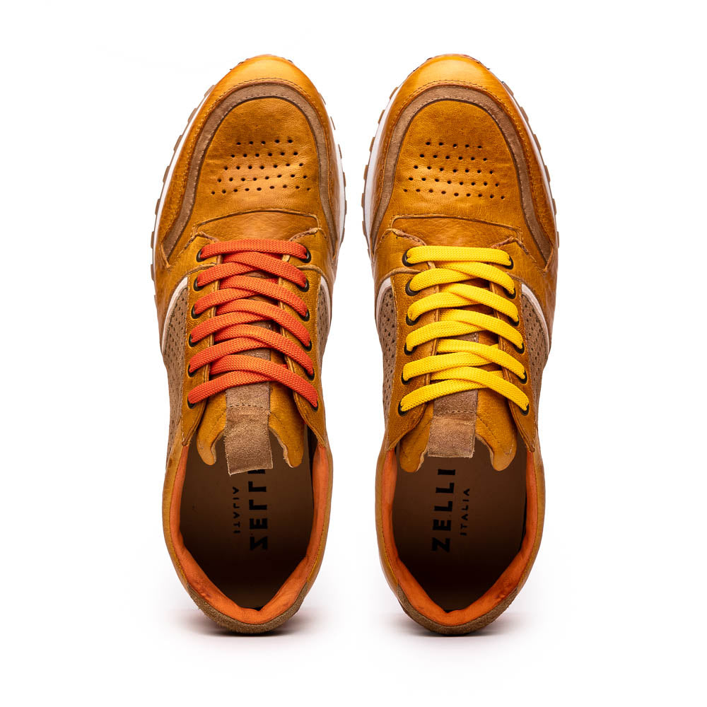Zelli Matteo Calfskin and Perforated Suede Sneakers in Mustard
