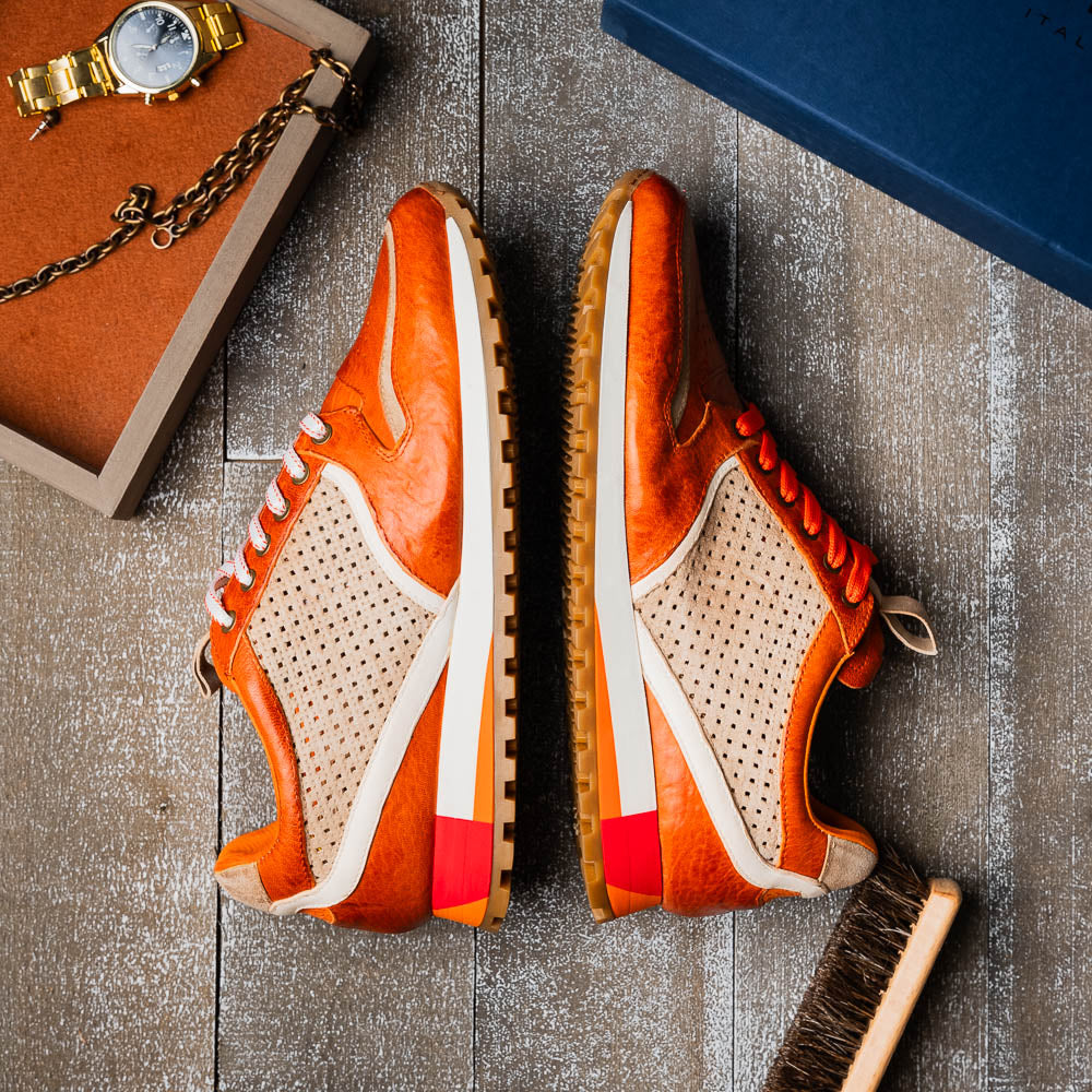 Zelli Matteo Calfskin and Perforated Suede Sneaker in Burnt Orange