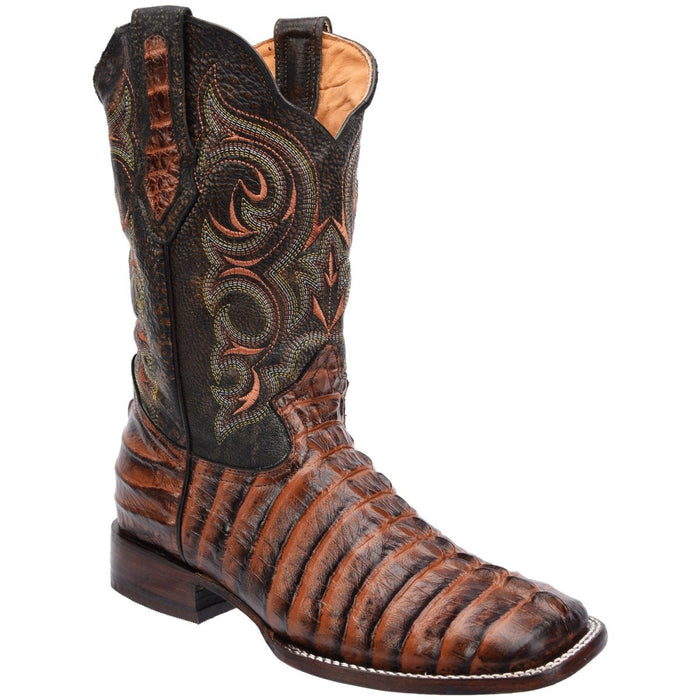 Men's Python Print Leather Square Toe Boots - Brown