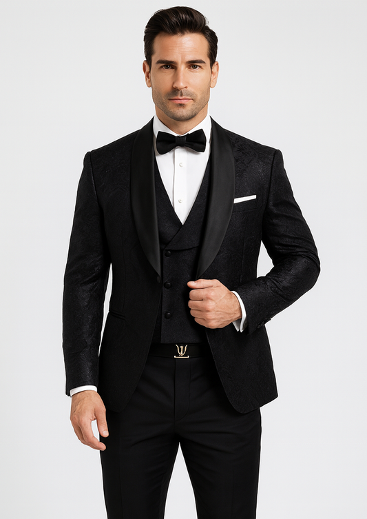 Black Floral Lace Vested Tuxedo for Men – Elegant Designer Wedding Suit