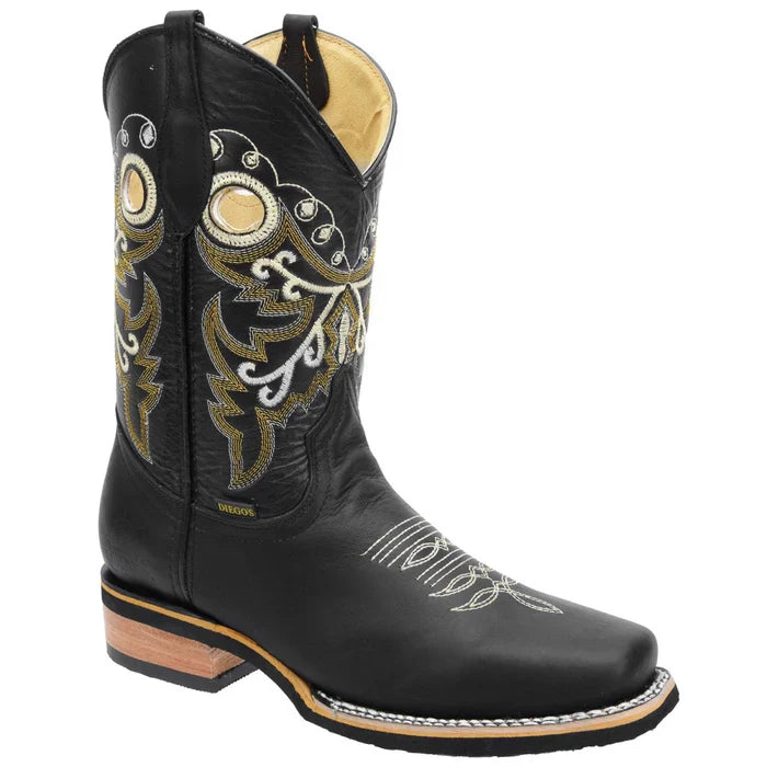 Botas de cuero genuino Crazy para hombre con punta cuadrada y suela de goma, color negro