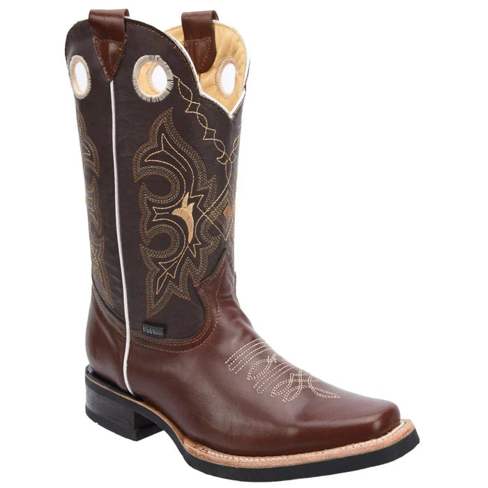 Men's Genuine Pull Up Leather Square Toe Boots Rubber Sole - Brown