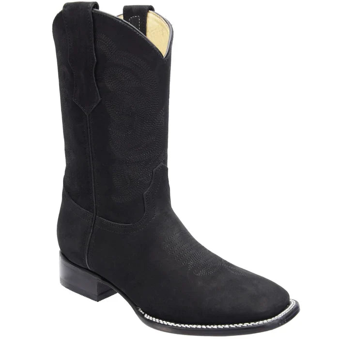 Men's Genuine Suede Leather Square Toe Boots - Black