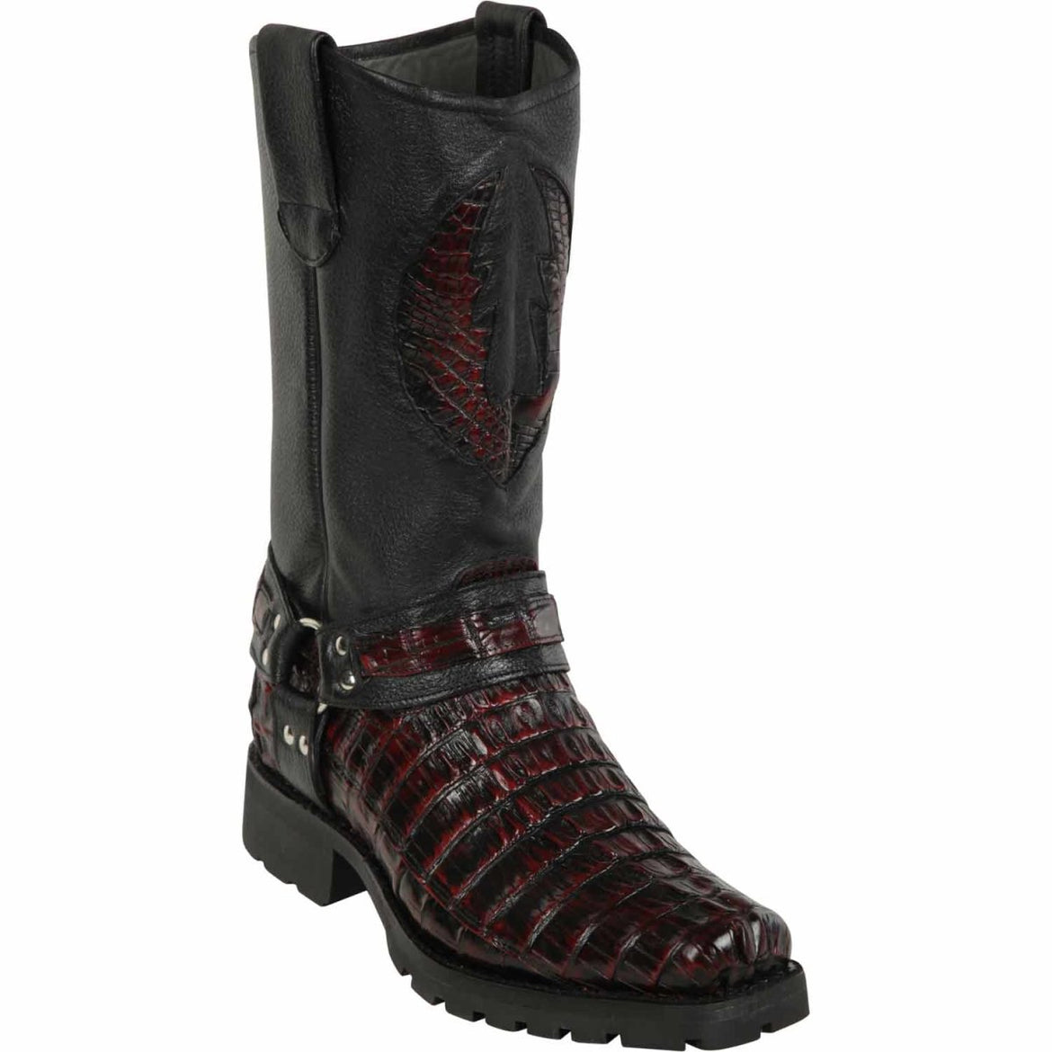 Men's Los Altos Caiman Tail Skin Biker Boots Black Cherry