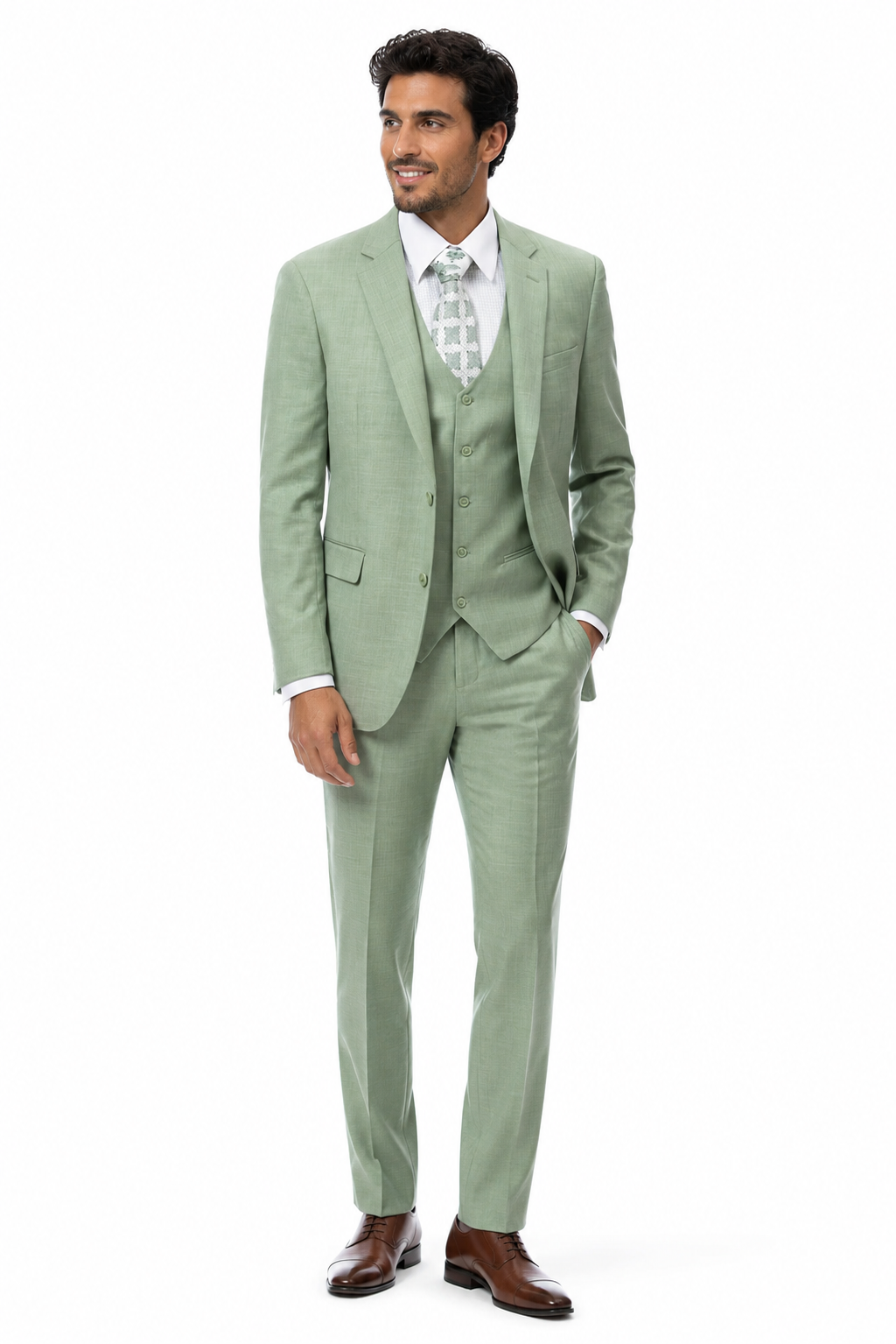 Trajes Elegantes Para Hombre - Trajes De Vestir - Mens Modern Fit Two Button Vested Sharkskin Moss Green Business Suit