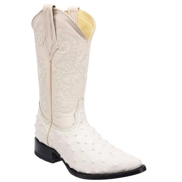 Men's J Toe Cowboy Boots - Men's Ostrich Print Leather J-Toe Boots - Winter White