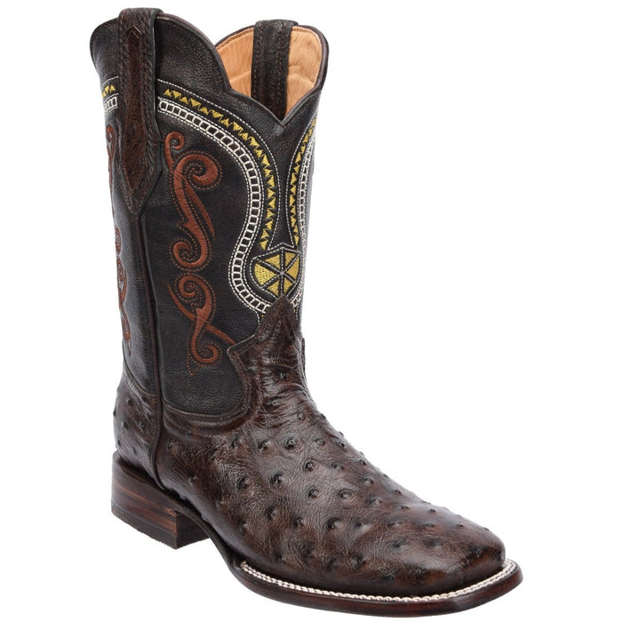 Men's Ostrich Print Leather Square Toe Boots - Dark Brown