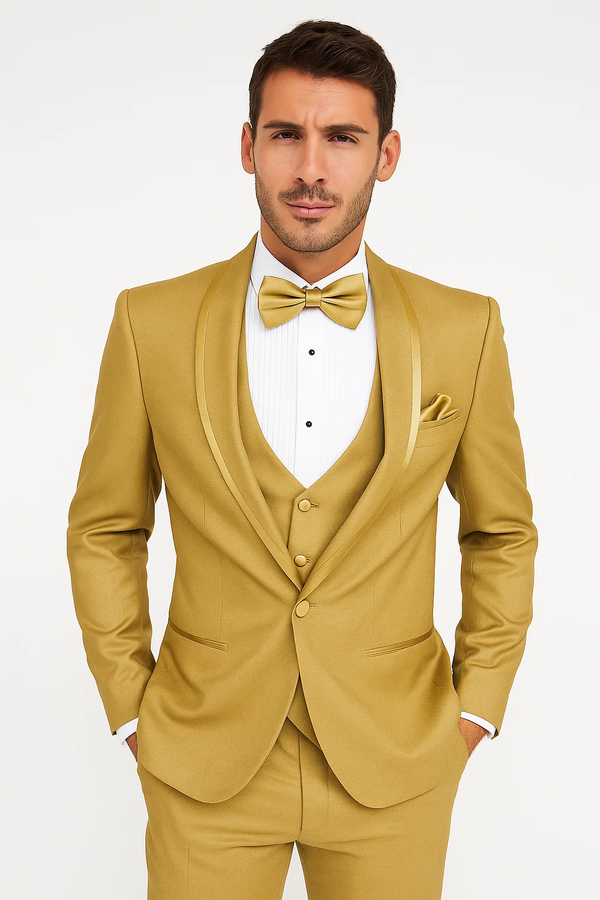Champagne Tuxedo - Men’s 3-Piece Champagne Tuxedo – Satin Trim Shawl Lapel Wedding Suit