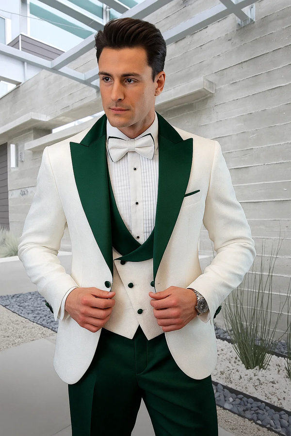 White Tuxedos - Men’s Vested Tuxedo in White Paisley – Hunter Green Contrast Lapel for Formal Events