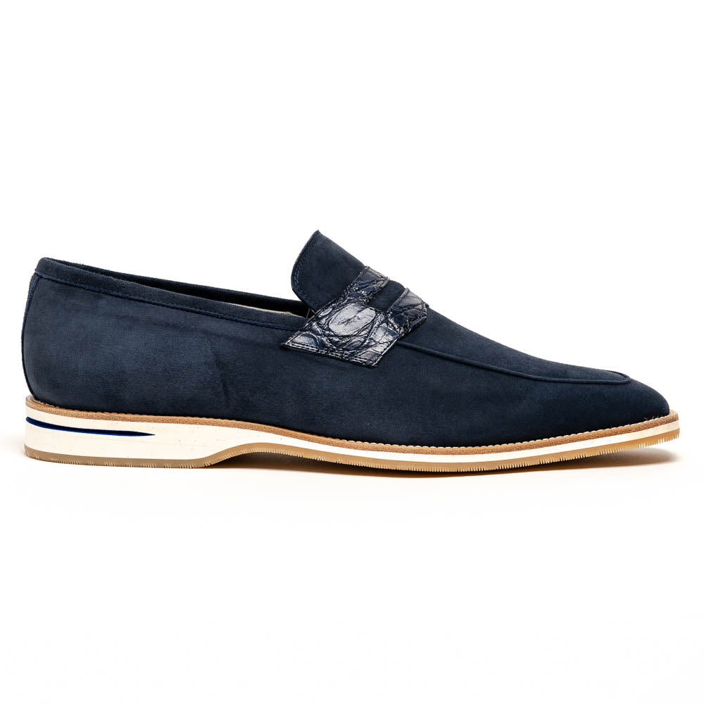 Zelli Meo 3 Suede Penny Loafers with Crocodile Accent in Navy