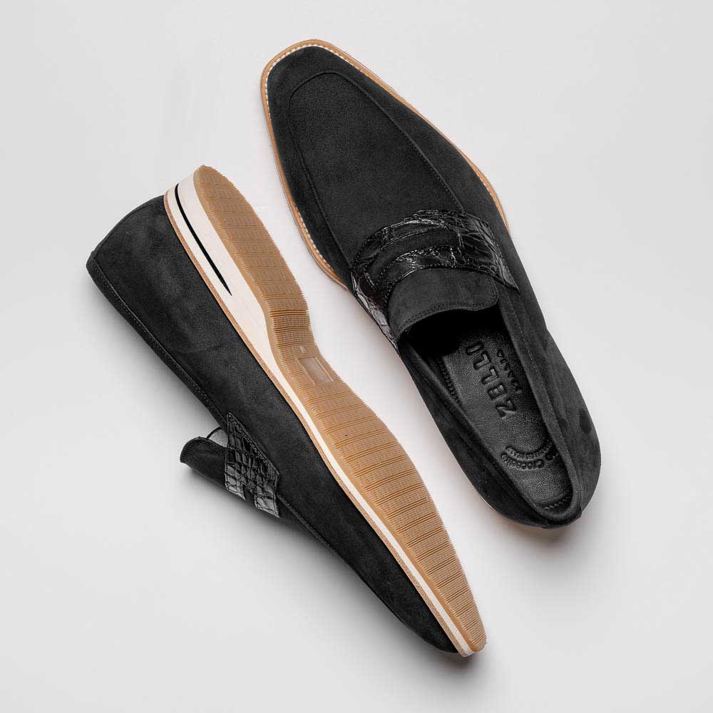 Zelli Meo 3 Suede and Crocodile Penny Loafers in Black