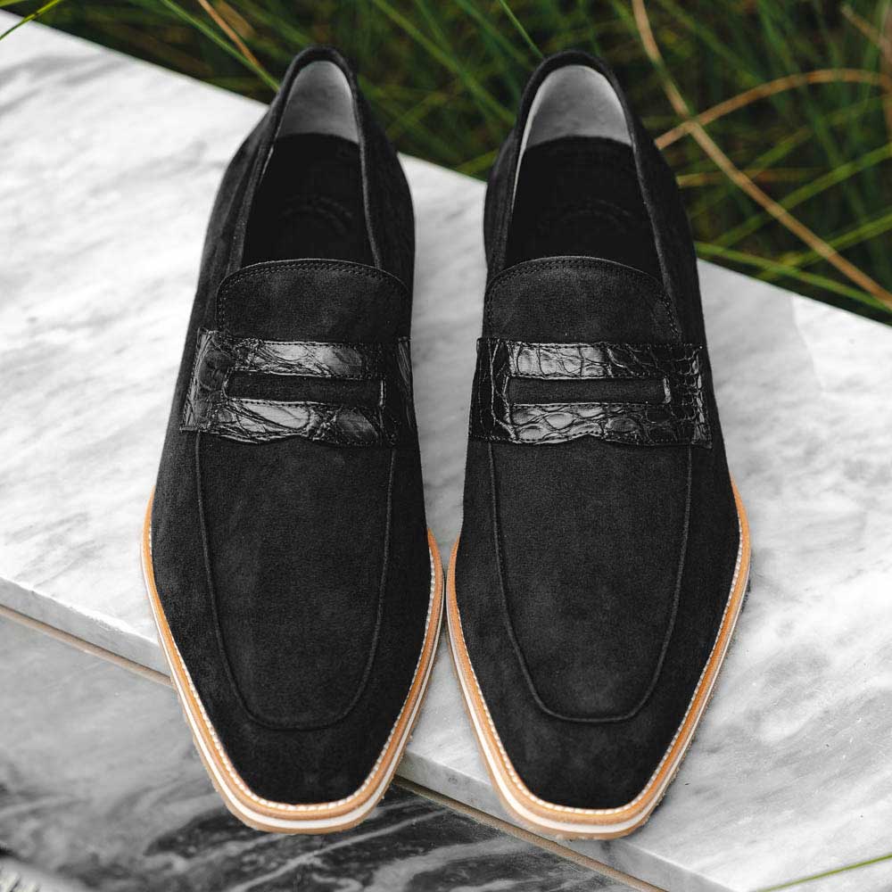 Zelli Meo 3 Suede and Crocodile Penny Loafers in Black