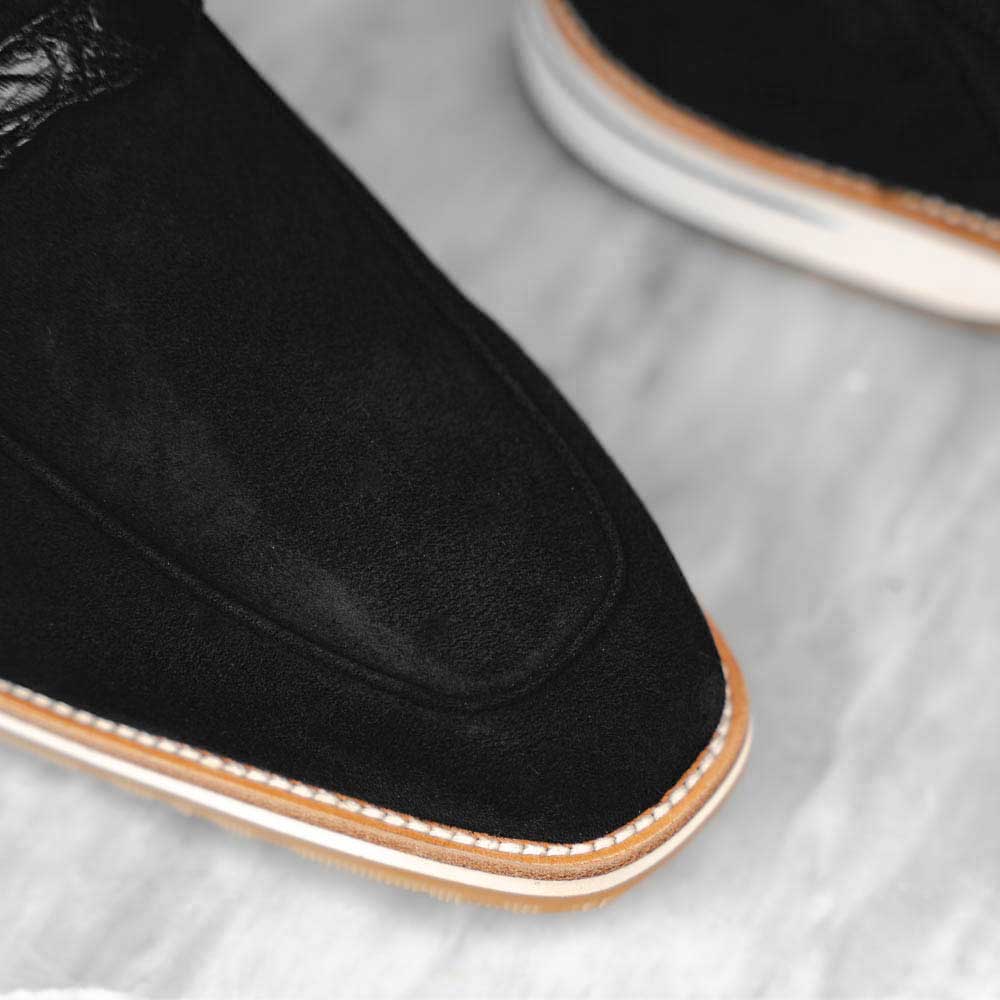 Zelli Meo 3 Suede and Crocodile Penny Loafers in Black