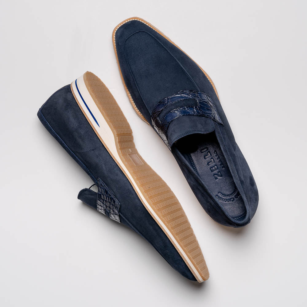 Zelli Meo 3 Suede Penny Loafers with Crocodile Accent in Navy