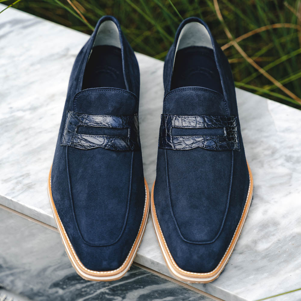 Zelli Meo 3 Suede Penny Loafers with Crocodile Accent in Navy