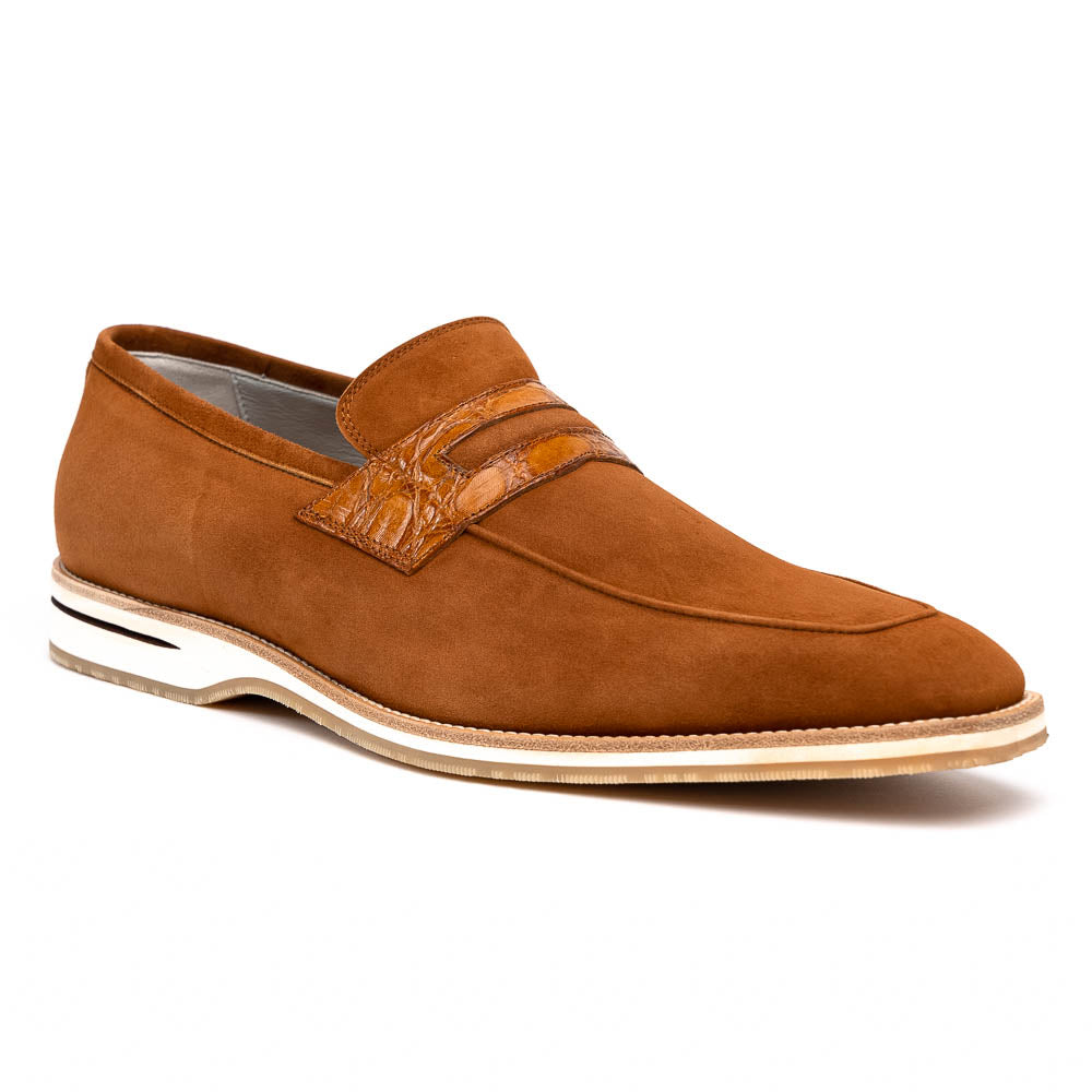 Zelli Meo 3 Contemporary Suede and Crocodile Penny Loafers in Cognac