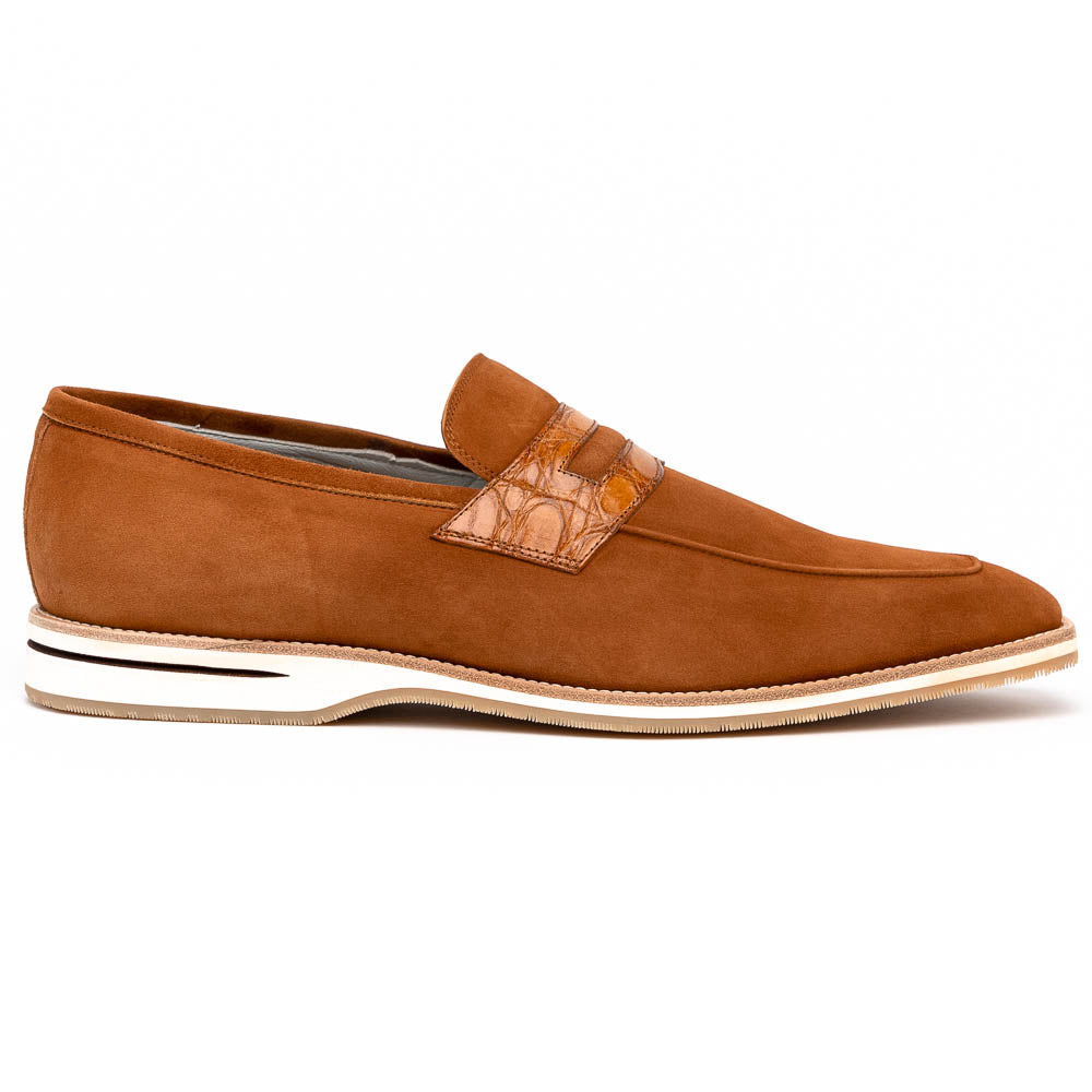 Zelli Meo 3 Contemporary Suede and Crocodile Penny Loafers in Cognac